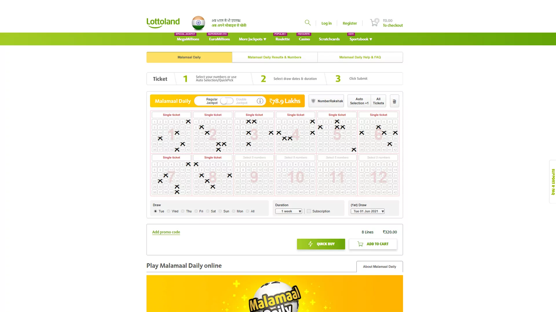 Cross 5 numbers in the ticket and win a jackpot.