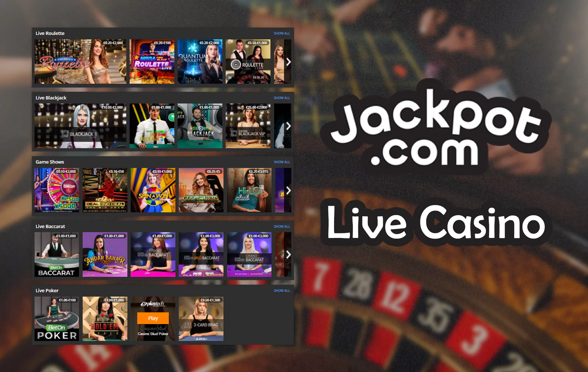 In the Live Casino, you find the games with real dealers.