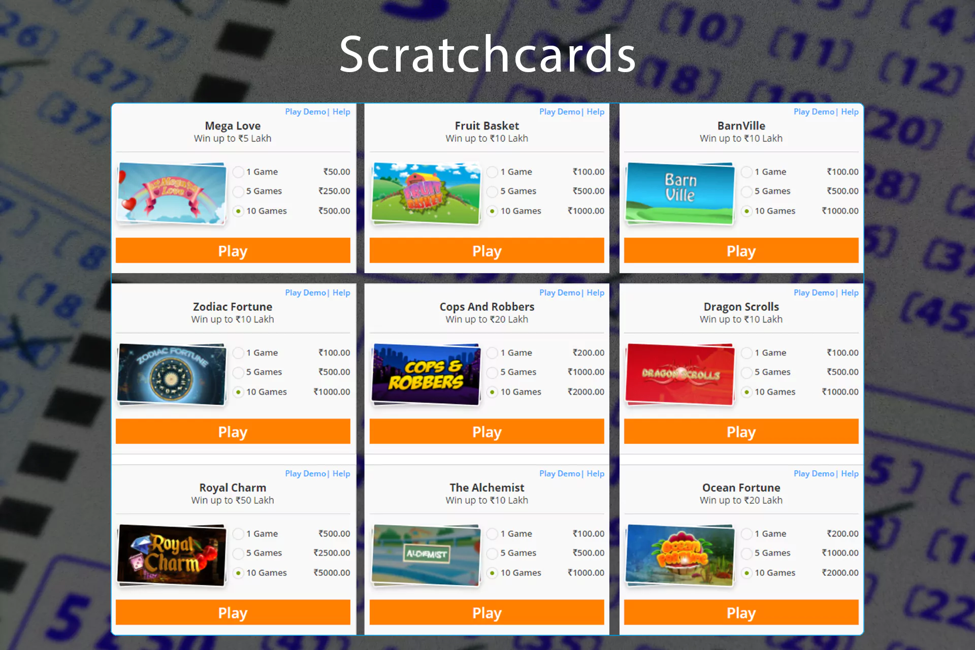 In the section of scratchcards, you find those as are Mega Love, Fruit Basket, Ocean Fortune, and others.